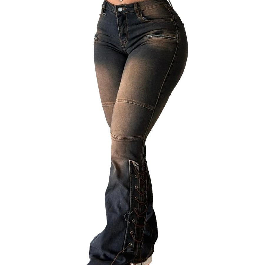 Vaqueros de mezclilla ligeramente acampanados de cintura alta y color retro