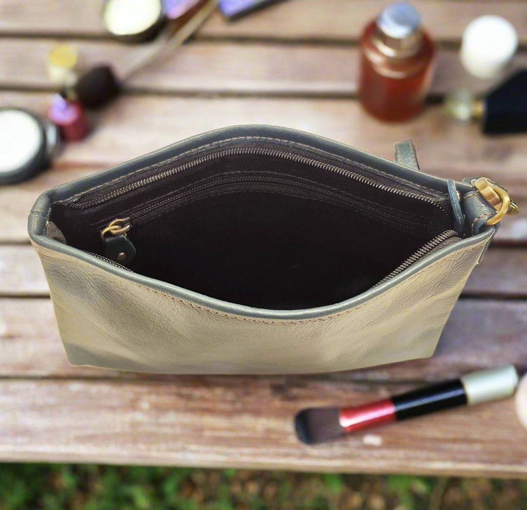 Leather Makeup Pouch, Bottle Green