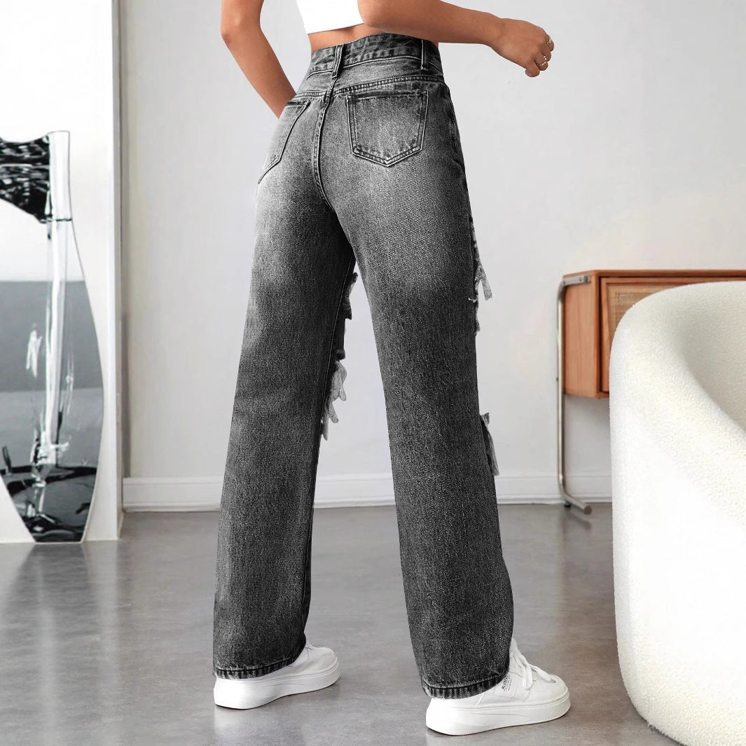 Ripped Straight Denim Women's Loose Trousers