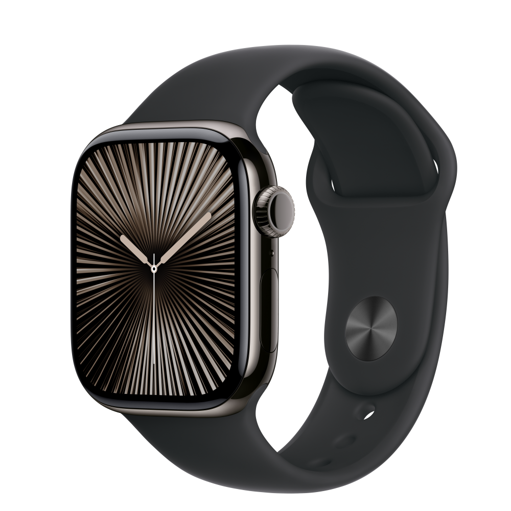 Smartwatch Apple Watch Series 10, Cellular, 42 mm, carcasa Slate Titanium, curea sport neagra, M/L (APPLE-MWXH3QH)