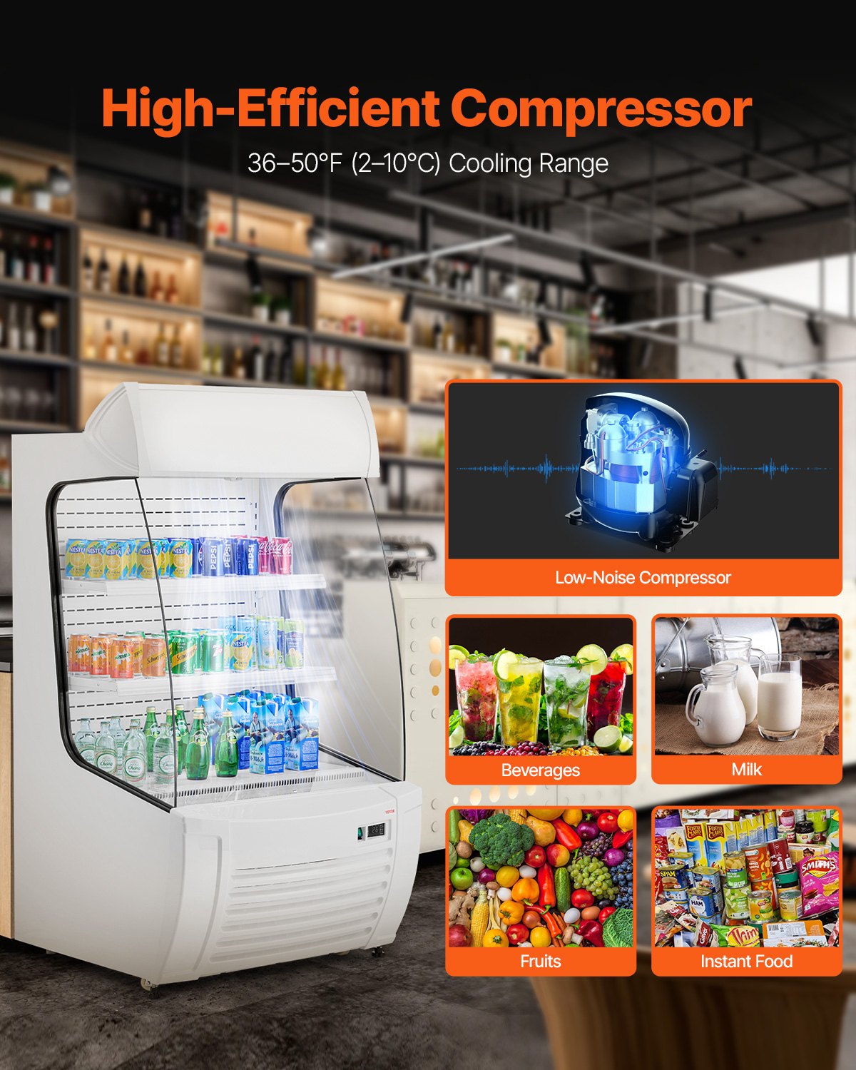 Refrigerador comercial de exhibición al aire libre con estantes de 2 niveles, refrigerador de exhibición listo para llevar con cortina de aire y luz LED publicitaria, ideal para restaurantes, tiendas y oficinas, 12.7 pies cúbicos.