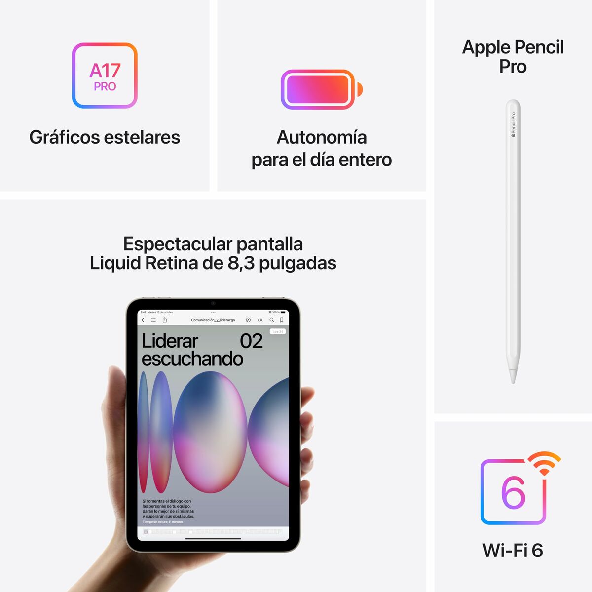 Tableta Apple MXN63TY/A de 8,3" con núcleo hexagonal, 8 GB de RAM y 128 GB, color gris