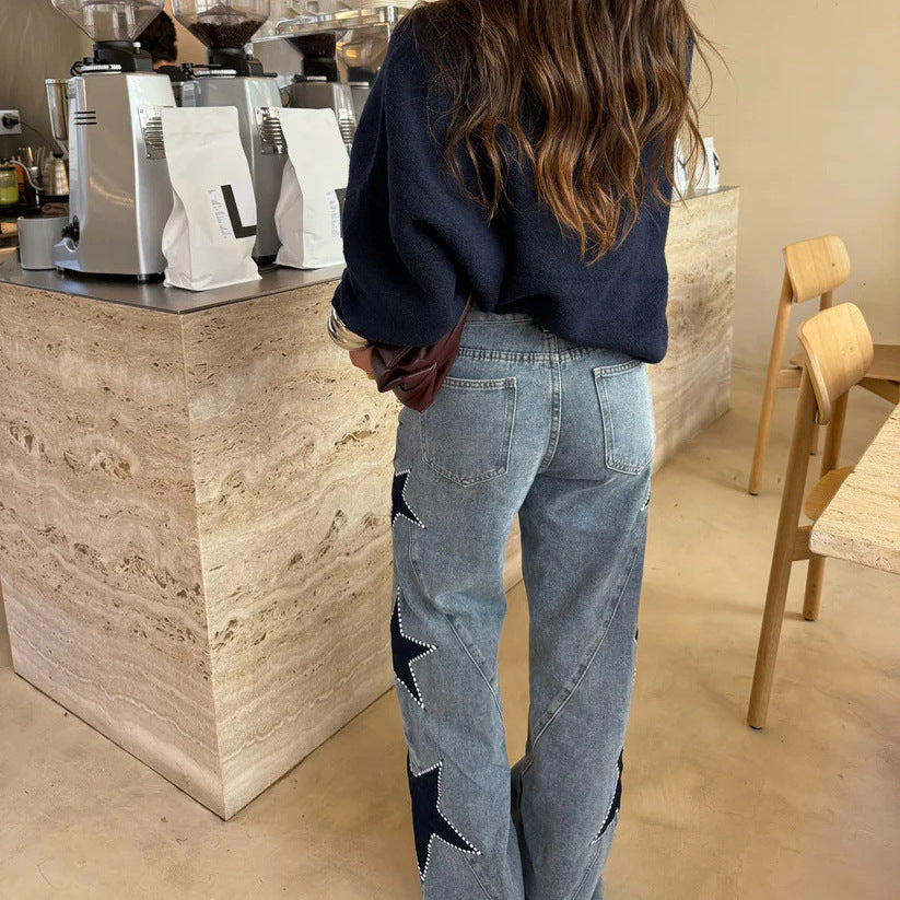 Fashion Casual Five-pointed Star Loose Straight Leg Denim Pants