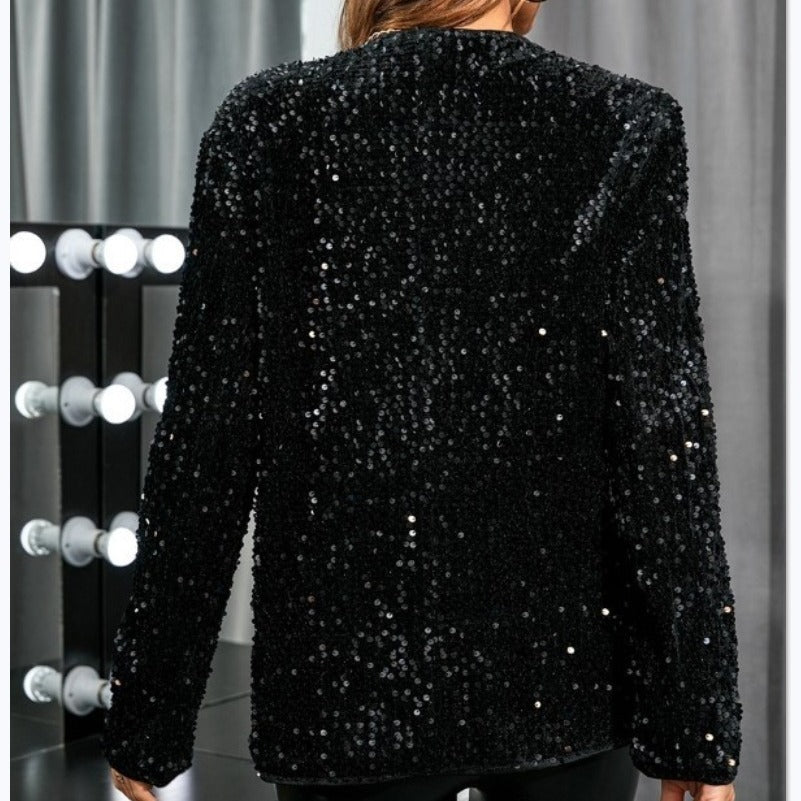Abrigo elegante y moderno con lentejuelas de color liso para mujer