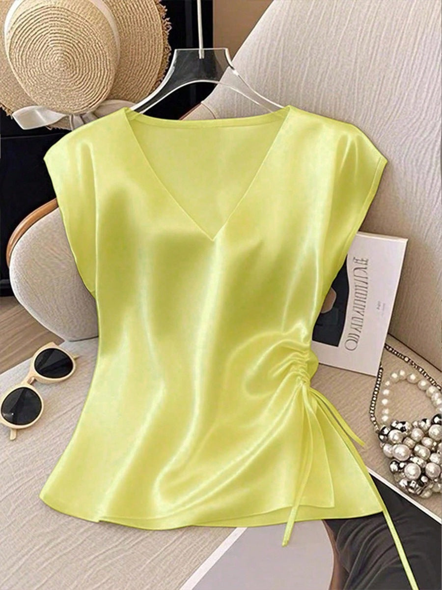 Top informal de satén de color liso con cuello en V y cordón ajustable para mujer