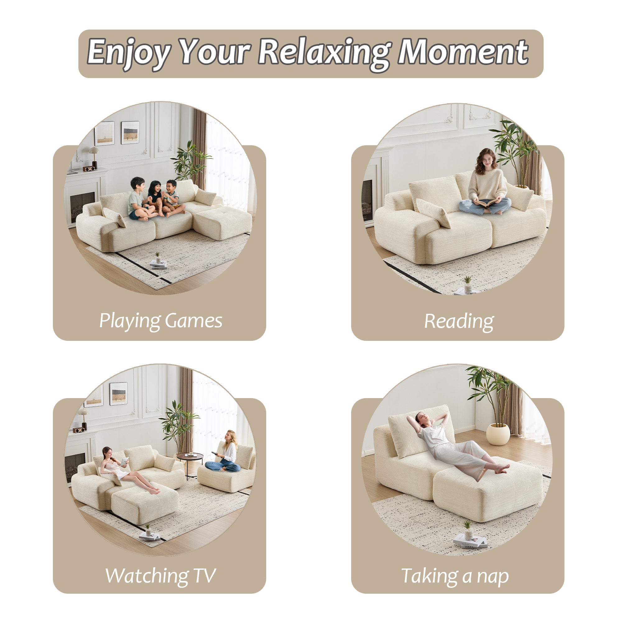 Sofá moderno de espuma viscoelástica comprimida, sofás seccionales grandes para sala de estar, sofá modular Cloud apto para mascotas, tela de pana, sofá de dos plazas extra profundo, sin ensamblaje, beige