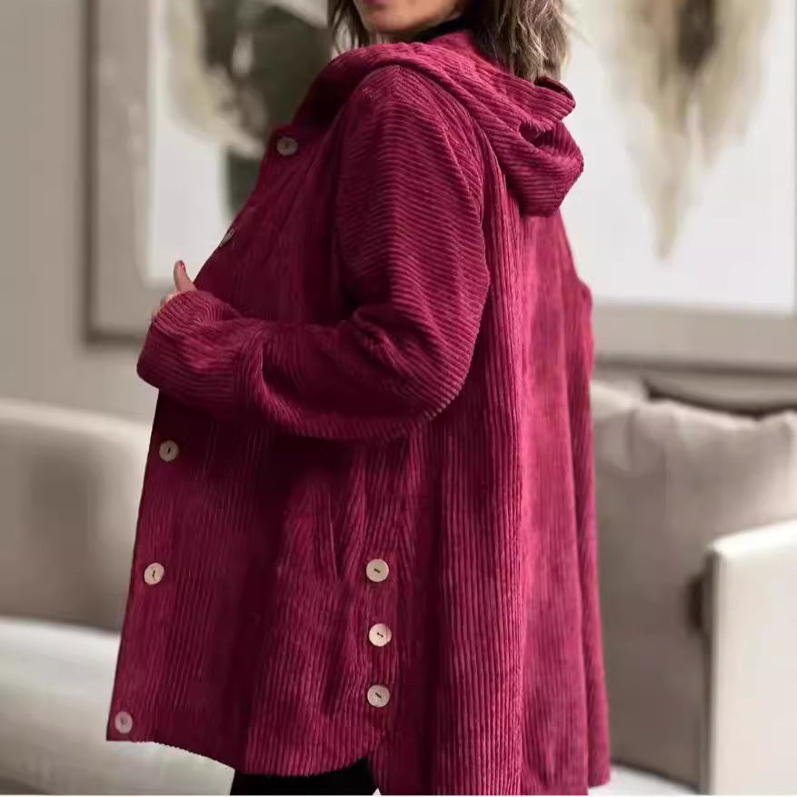 Chaqueta de pana con capucha para mujer, moderna, cálida, con bolsillos y botones, de longitud media, informal, para otoño e invierno.