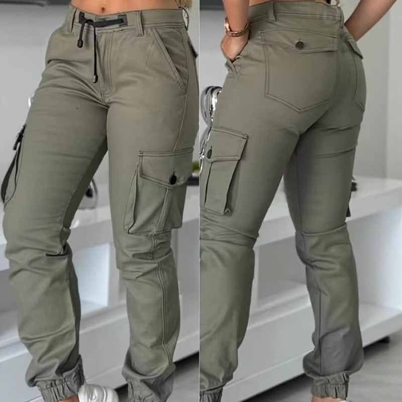 Pantalones cargo de cintura alta para mujer: pantalones de trabajo opacos con cordón ajustable, múltiples bolsillos y pernera ajustada para oficina.