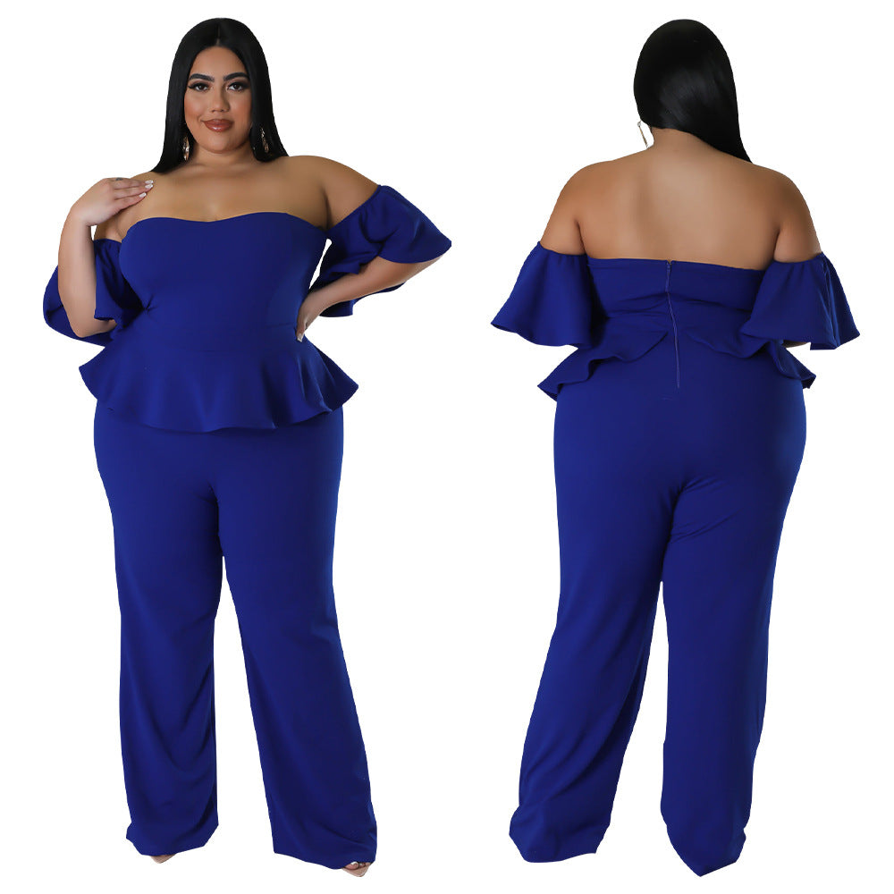 Sexy Off-shoulder Short-sleeve Wide-leg Stretch Jumpsuit