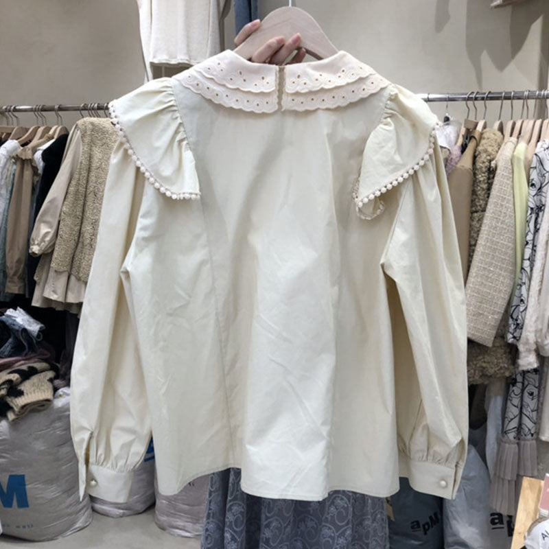 Blusa francesa de mujer con cuello de muñeca doble y orejas de madera