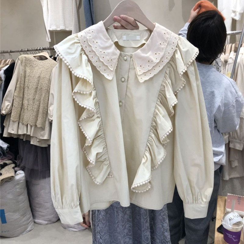 Blusa francesa de mujer con cuello de muñeca doble y orejas de madera