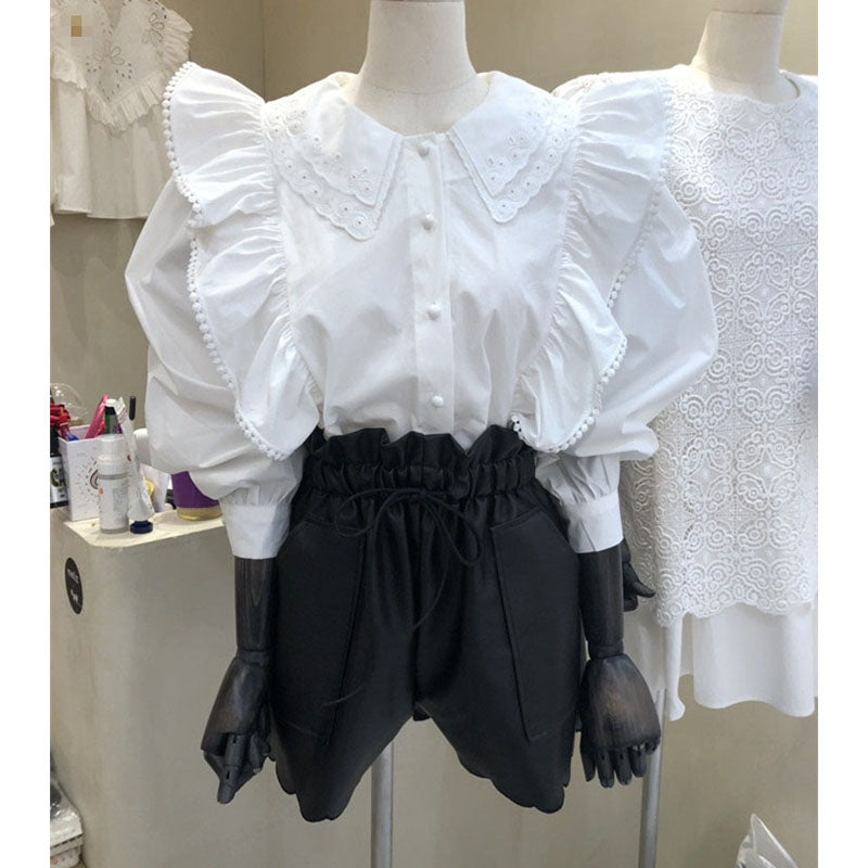 Blusa francesa de mujer con cuello de muñeca doble y orejas de madera