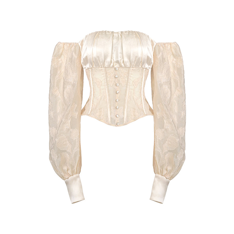 Camisa de jacquard de un solo hombro Xiaoli Qimeng, nueva camisa de primavera con diseño francés Sense Niche de manga larga para mujer