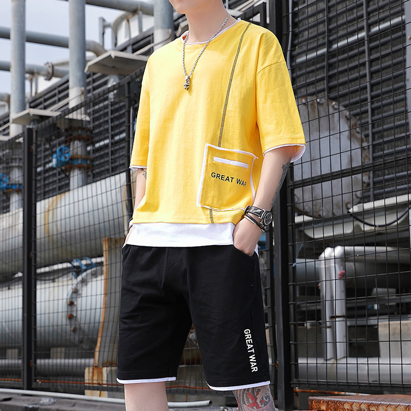 Ropa deportiva para hombre, estilo casual, tendencia, camiseta de manga corta para estudiantes coreanos, conjunto holgado y elegante de dos piezas.