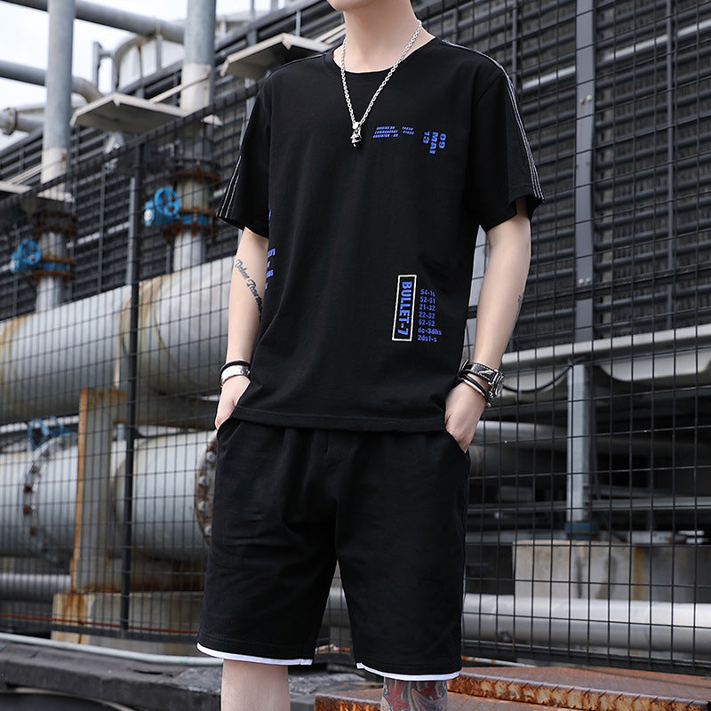 Ropa deportiva para hombre, estilo casual, tendencia, camiseta de manga corta para estudiantes coreanos, conjunto holgado y elegante de dos piezas.