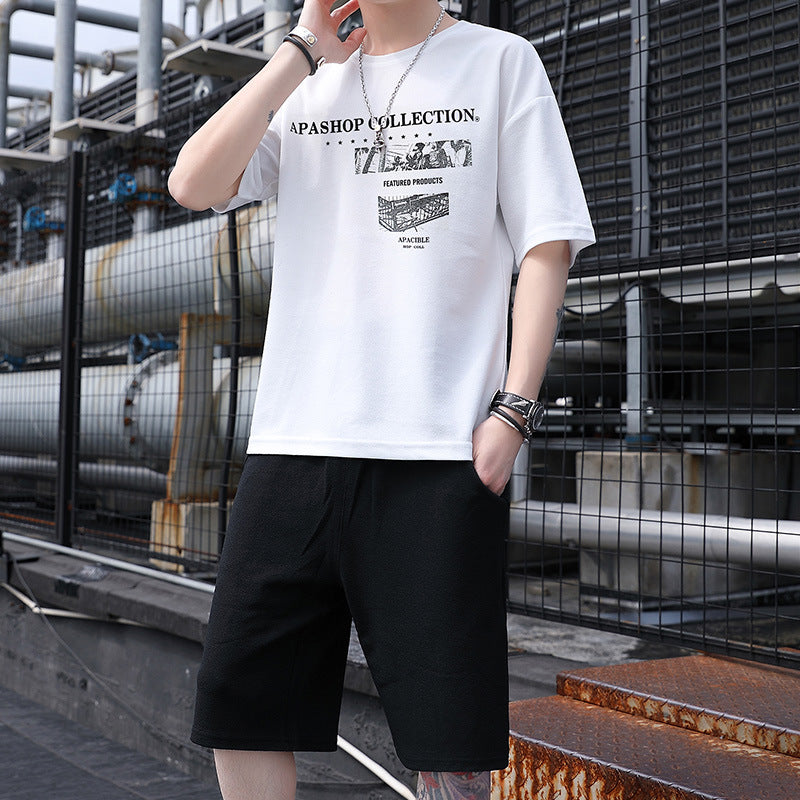 Ropa deportiva para hombre, estilo casual, tendencia, camiseta de manga corta para estudiantes coreanos, conjunto holgado y elegante de dos piezas.