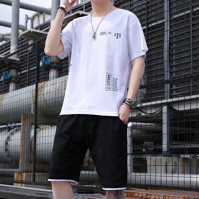 Ropa deportiva para hombre, estilo casual, tendencia, camiseta de manga corta para estudiantes coreanos, conjunto holgado y elegante de dos piezas.