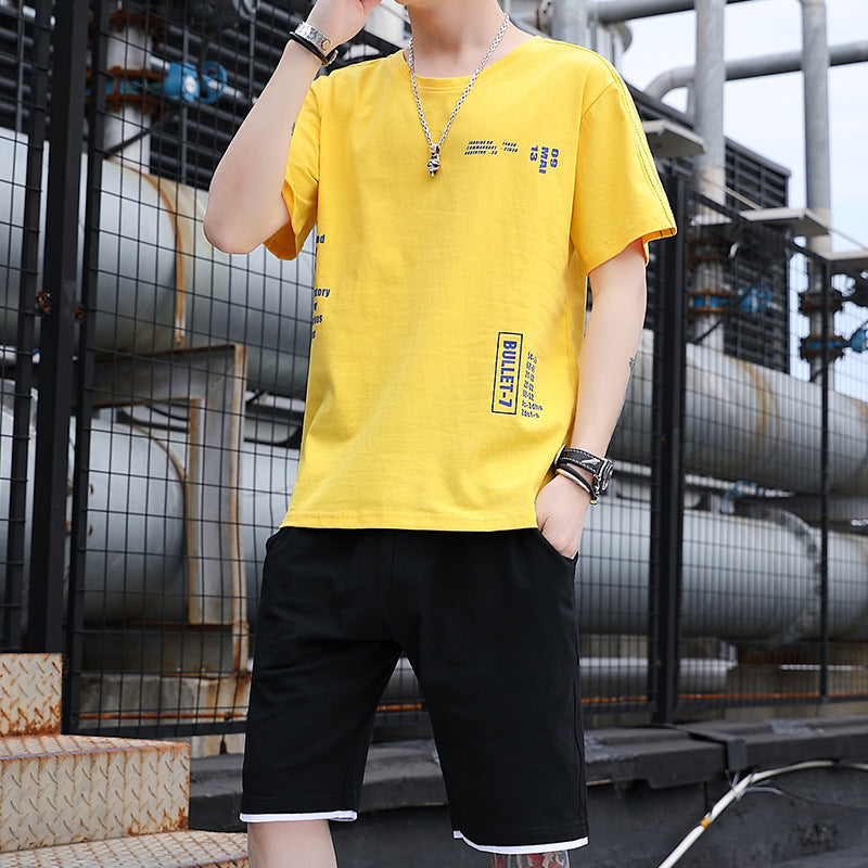 Ropa deportiva para hombre, estilo casual, tendencia, camiseta de manga corta para estudiantes coreanos, conjunto holgado y elegante de dos piezas.