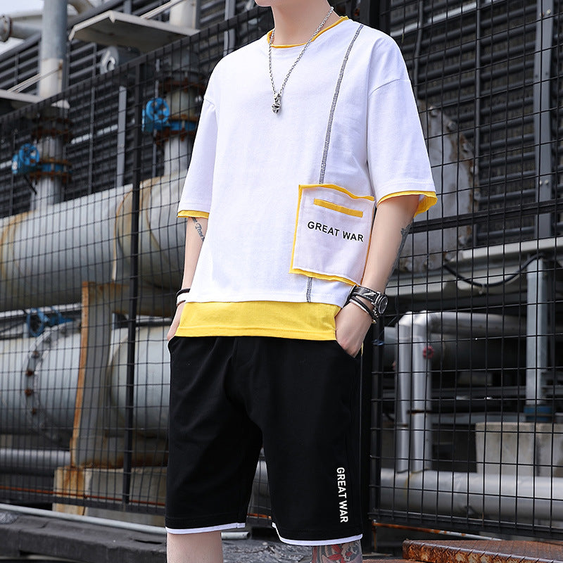 Ropa deportiva para hombre, estilo casual, tendencia, camiseta de manga corta para estudiantes coreanos, conjunto holgado y elegante de dos piezas.