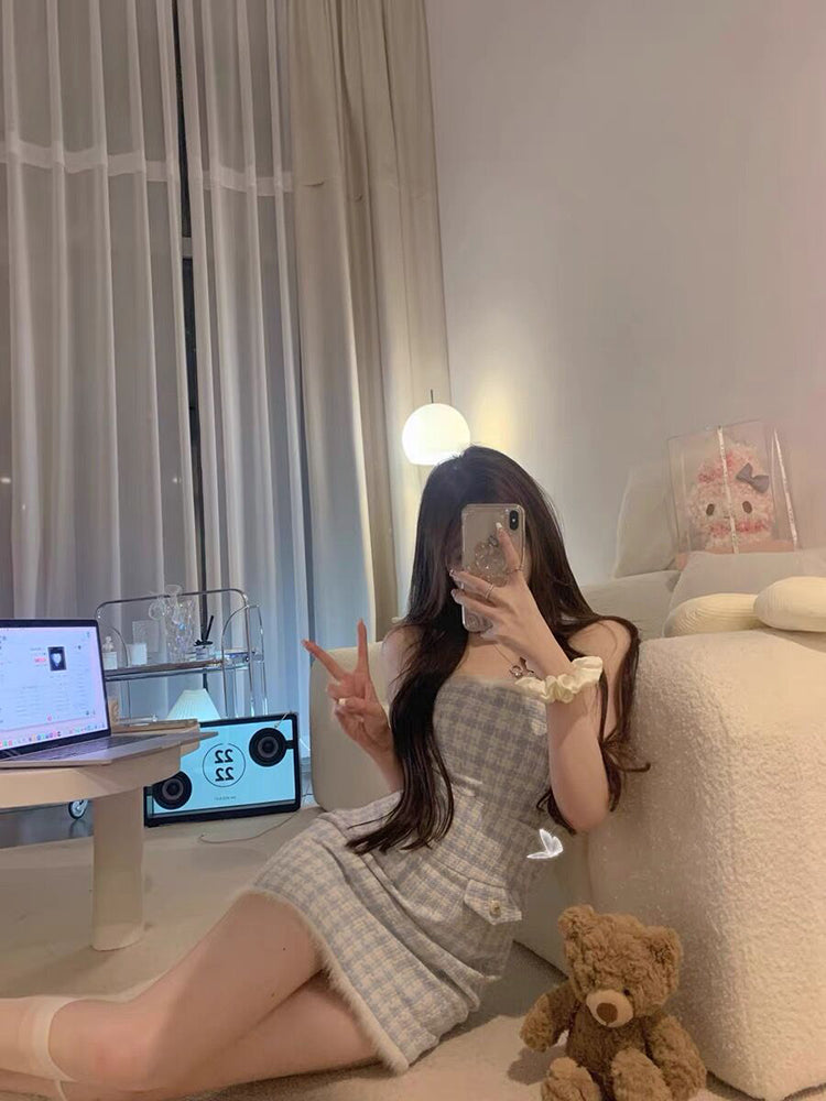 Estilo clásico azul blanco adulto dama como mujer viento elegante traje