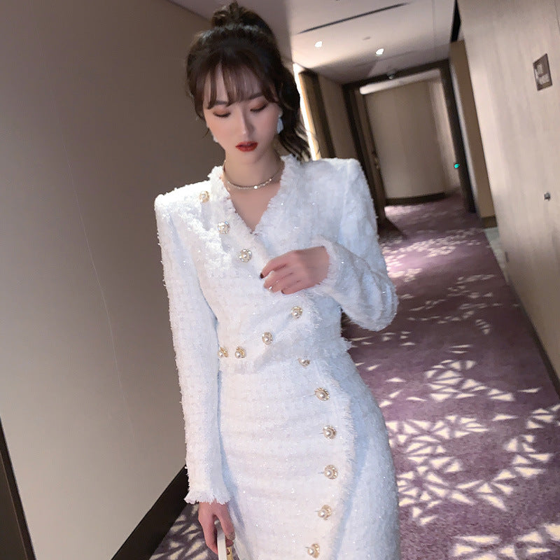 Traje de mujer estilo occidental, aspecto pequeño, traje alto, conjunto de dos piezas de tweed con nudo