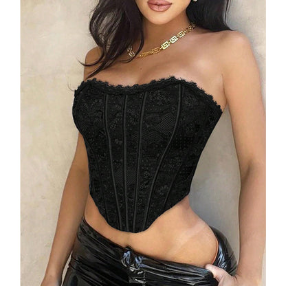 Women's Floral Lace Corset Top Gothic Sexy Lace Up Strapless Tube Tops Backless Party Corset Cropped