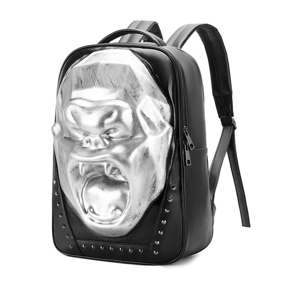 Mochila unisex con calavera 3D, diseño de King Kong enojado, con tachuelas y gran capacidad para portátil.