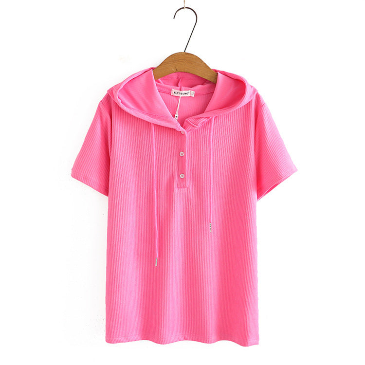 Women's Fashionable Simple Short-sleeved Shirt Loose Sunken Stripe Hooded Knitted T-shirt