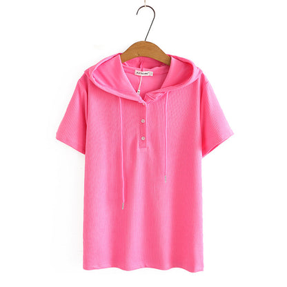 Women's Fashionable Simple Short-sleeved Shirt Loose Sunken Stripe Hooded Knitted T-shirt