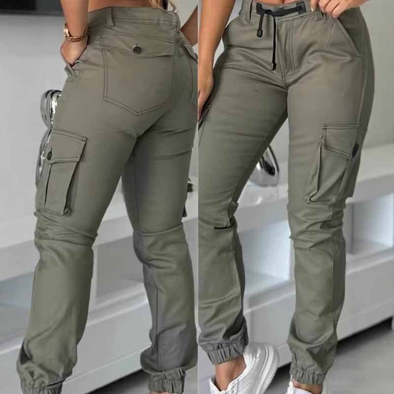 Pantalones cargo de cintura alta para mujer: pantalones de trabajo opacos con cordón ajustable, múltiples bolsillos y pernera ajustada para oficina.