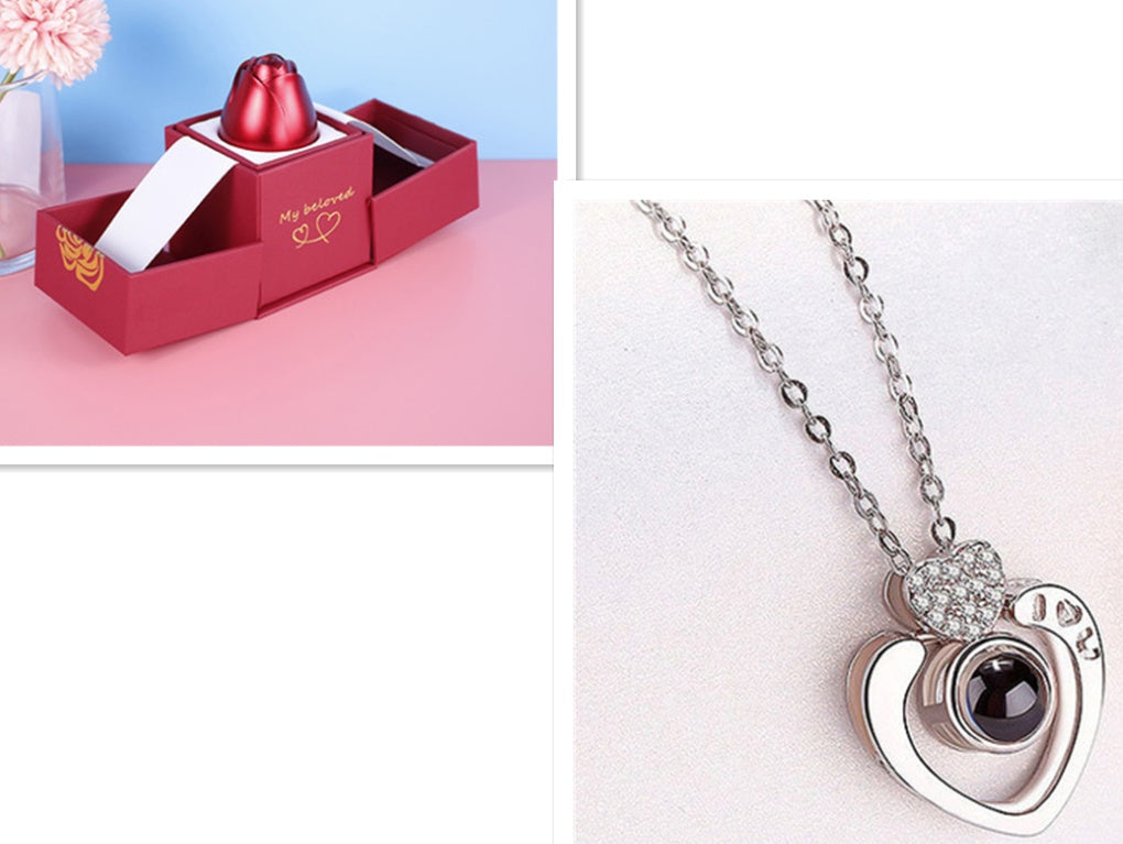 Regalos populares para el Día de San Valentín: collar con caja de regalo de joyería de rosa de metal para boda, collar para novia, regalos