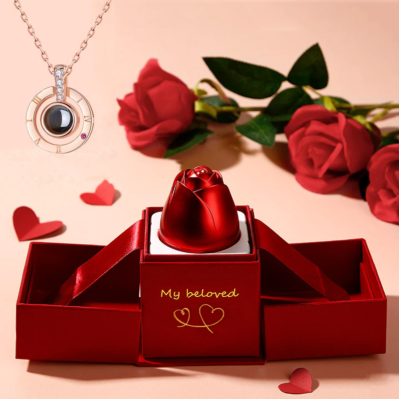 Regalos populares para el Día de San Valentín: collar con caja de regalo de joyería de rosa de metal para boda, collar para novia, regalos