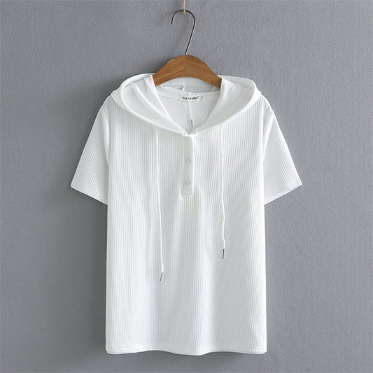 Women's Fashionable Simple Short-sleeved Shirt Loose Sunken Stripe Hooded Knitted T-shirt