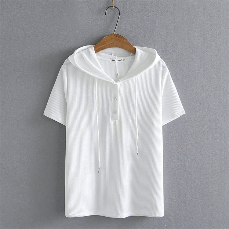 Women's Fashionable Simple Short-sleeved Shirt Loose Sunken Stripe Hooded Knitted T-shirt