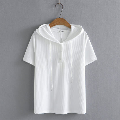 Women's Fashionable Simple Short-sleeved Shirt Loose Sunken Stripe Hooded Knitted T-shirt