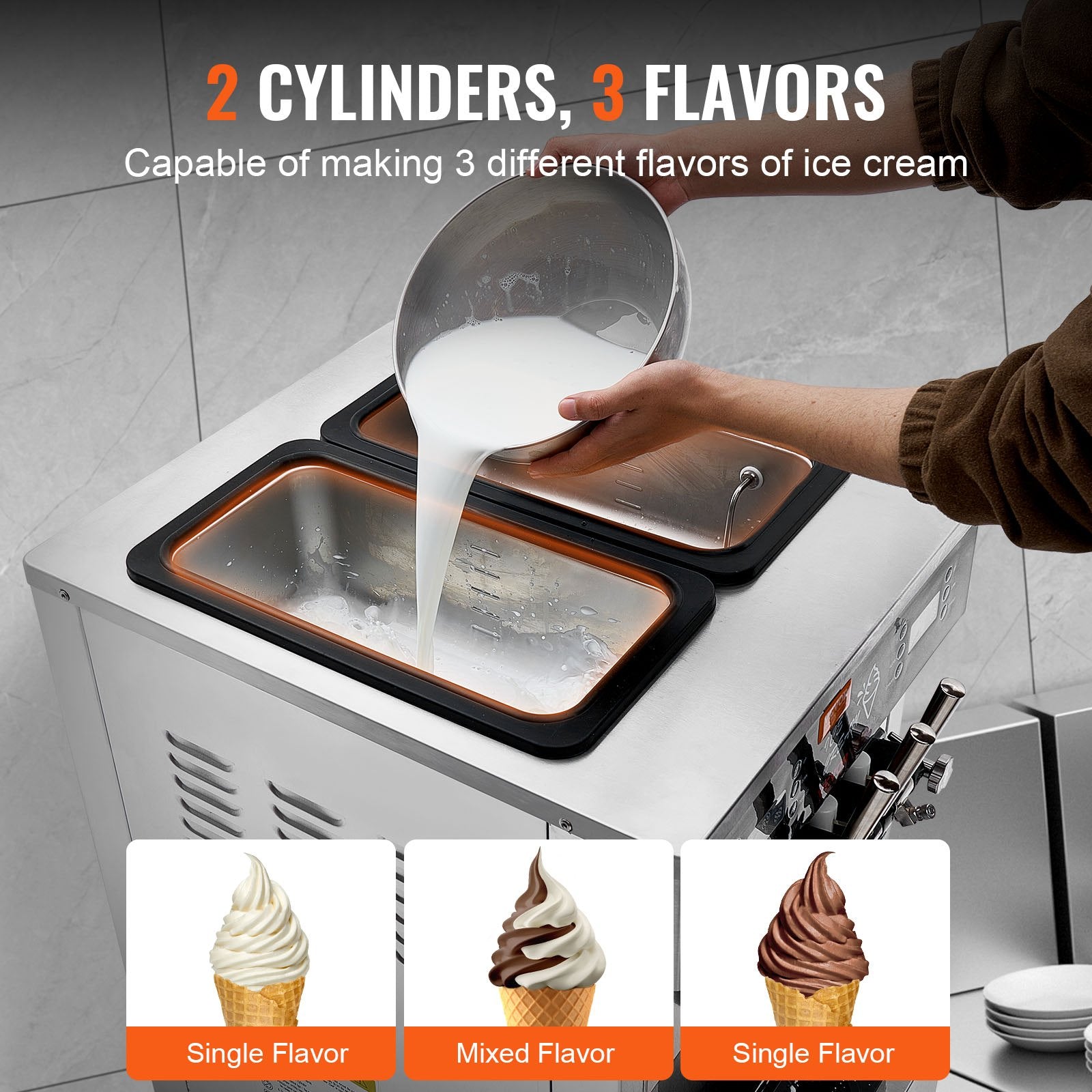 Máquina comercial para hacer helados, rendimiento de 34-44 l/h, 3400 W, independiente, para helados suaves de 3 sabores, tolva de acero inoxidable de 2 x 9 l, panel LED que permite el uso de un solo cilindro. Refrigeración nocturna.