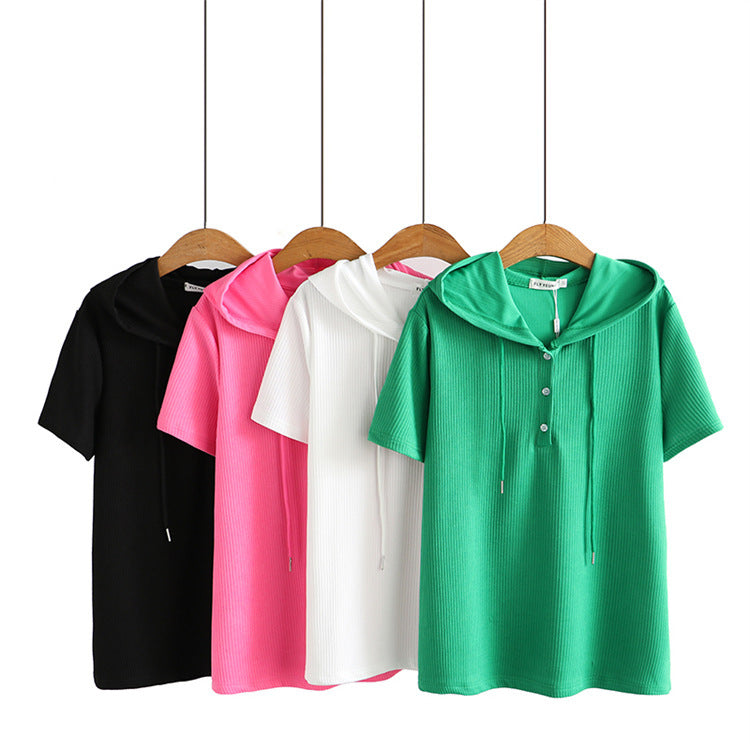 Women's Fashionable Simple Short-sleeved Shirt Loose Sunken Stripe Hooded Knitted T-shirt