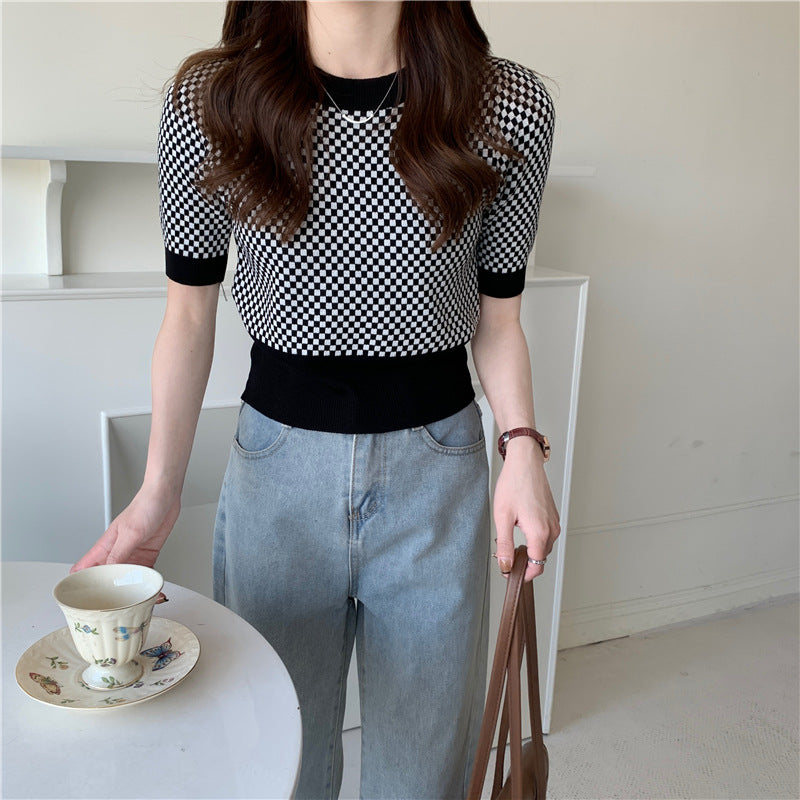 Womens Retro Plaid Color-Block Short-Sleeve Top