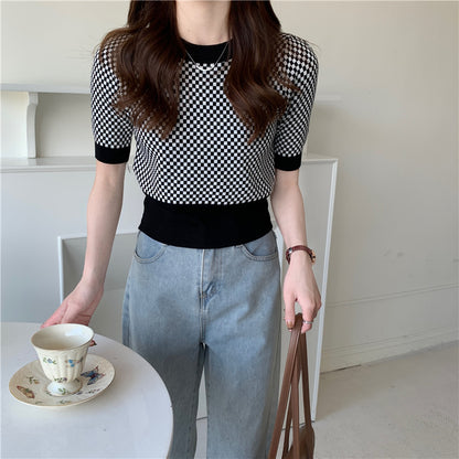Womens Retro Plaid Color-Block Short-Sleeve Top