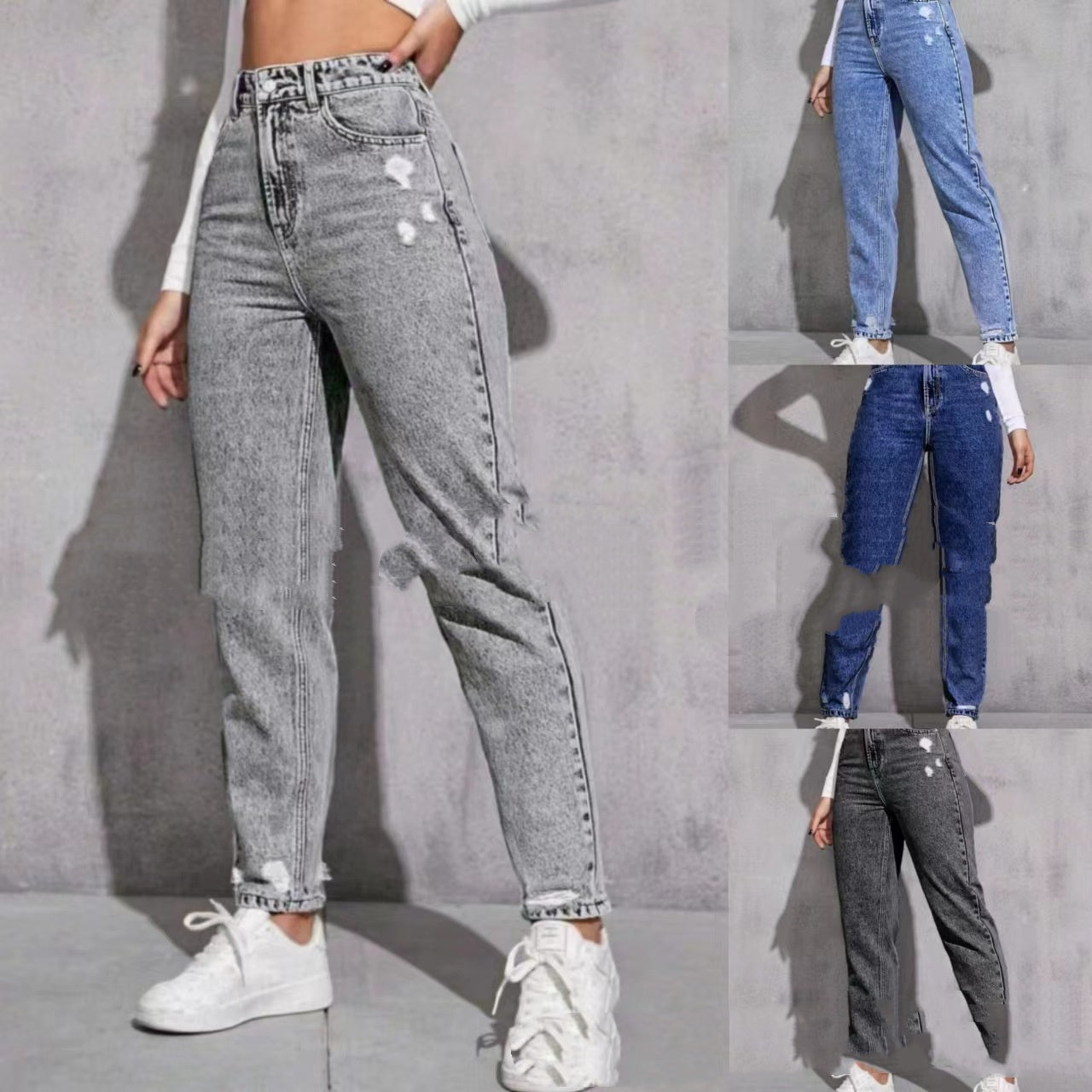 Vaqueros desgastados y desgastados para mujer, estilo casual, estilo europeo y americano, con nueve partes en la pantorrilla.