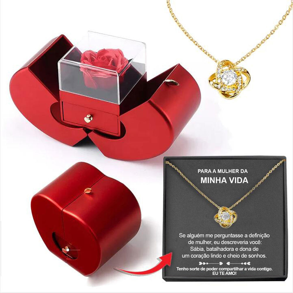 Joyero de moda con forma de manzana roja, regalo de Navidad, collar con rosa eterna para niña, regalo para el Día de la Madre y San Valentín con flor artificial, joyero con rosa.