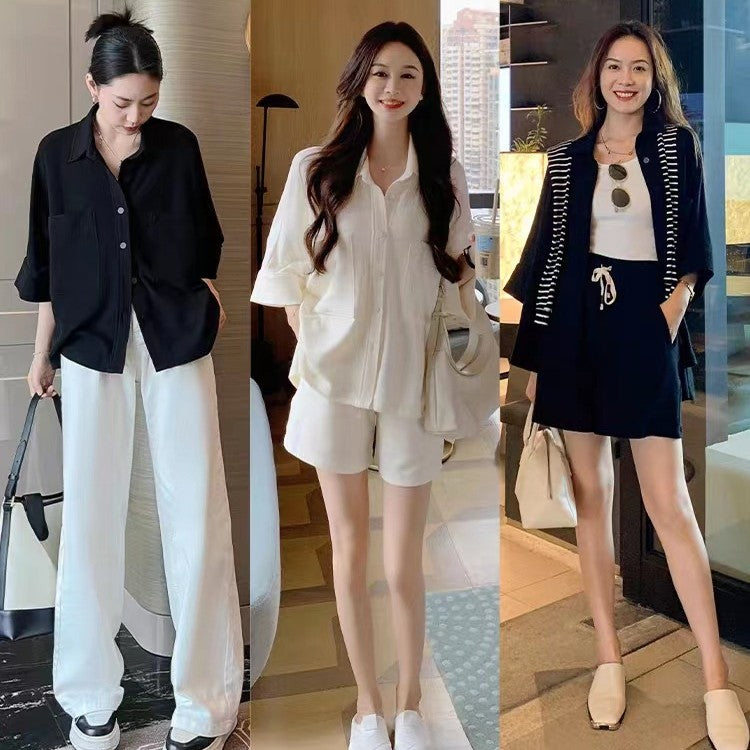 Camisa de algodón con bolsillos grandes, cintura elástica y pantalones cortos de pierna ancha