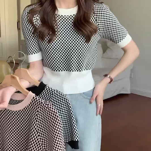Womens Retro Plaid Color-Block Short-Sleeve Top