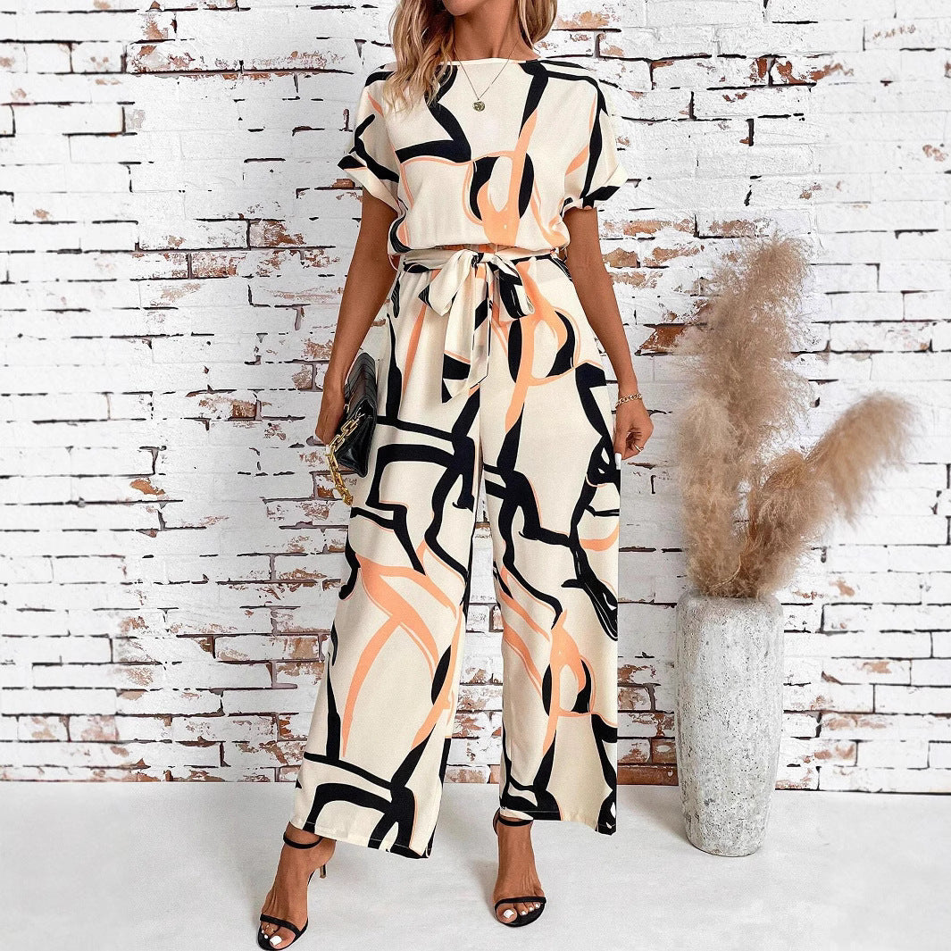 Mono elegante de manga corta con estampado retro que estiliza la figura y se ajusta a la cintura para mujer