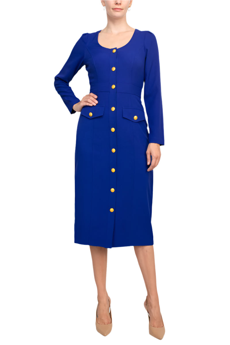 Taylor scoop neck long sleeve banded front button closure solid stretch crepe dress