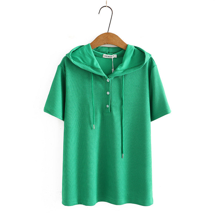Women's Fashionable Simple Short-sleeved Shirt Loose Sunken Stripe Hooded Knitted T-shirt