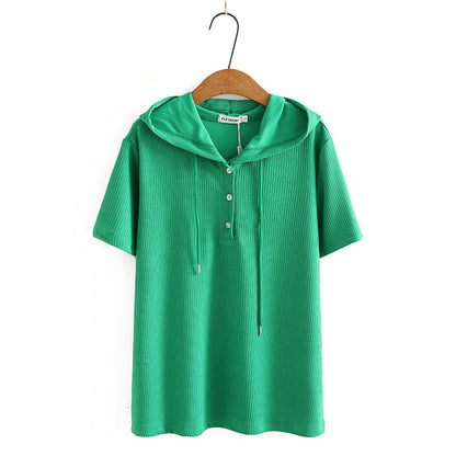 Women's Fashionable Simple Short-sleeved Shirt Loose Sunken Stripe Hooded Knitted T-shirt