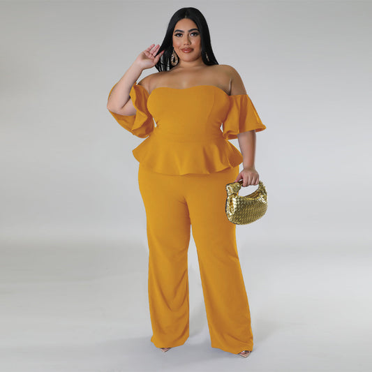 Sexy Off-shoulder Short-sleeve Wide-leg Stretch Jumpsuit