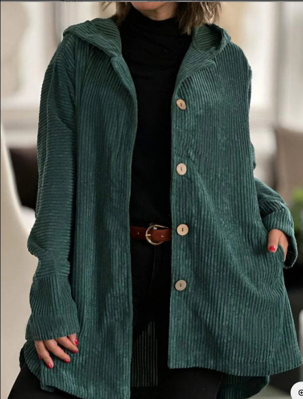 Chaqueta de pana con capucha para mujer, moderna, cálida, con bolsillos y botones, de longitud media, informal, para otoño e invierno.