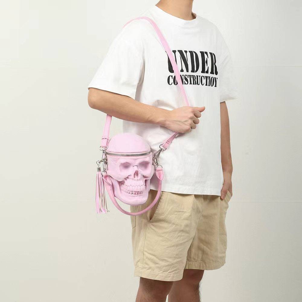 حقيبة كتف كروس بودي ثلاثية الأبعاد بتصميم جمجمة، حقيبة يد صغيرة بمقبض، جلد سويدي وردي